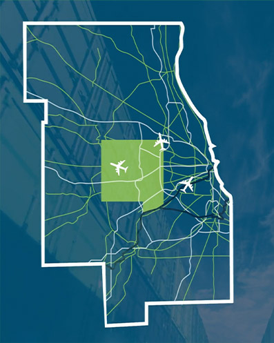 An illustration showing airplane routes over a map of Dupage